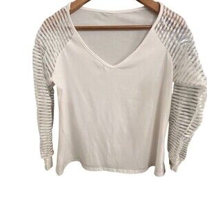 Womens Blouse Size M White V-Neck Pullover Sheer Striped Long Sleeve